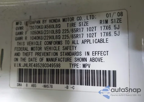 2008 Honda Cr-V Ex z USA, uszkodzony, nr VIN JHLRE48528C049598